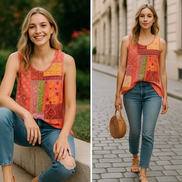 Sundance Woman Patchwork Tank Top Med Boho Artisan Eclectic Cottagecore - Picture 1 of 12